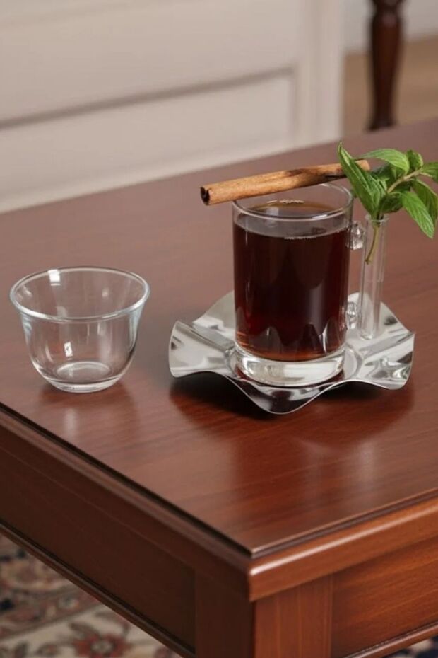 18 Piece Modern Glass Tea Set with Plain Steel Plate | Premium Hospitality Luxury Presentation Set