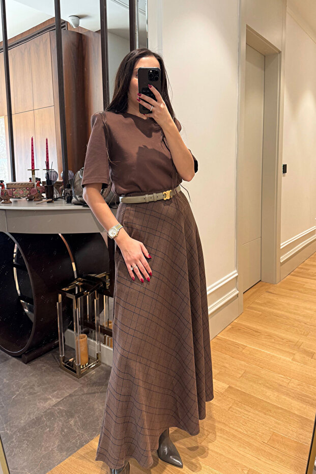 Plaid Pattern Diagonal Skirt - BROWN - 2
