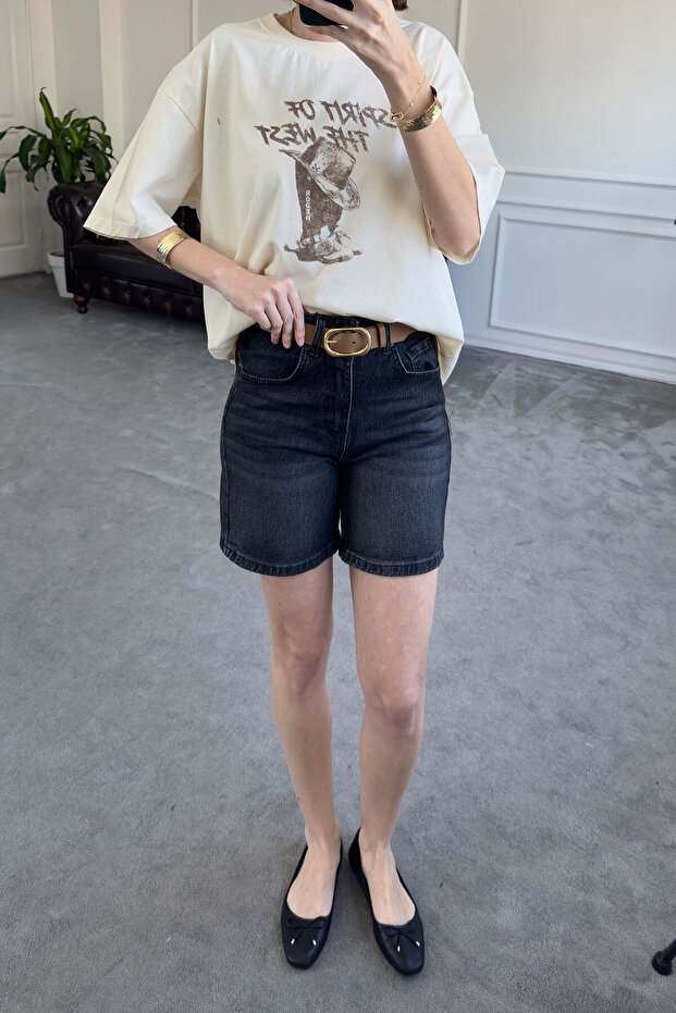 شورت دينم ممتاز عادي - رمادي - 4