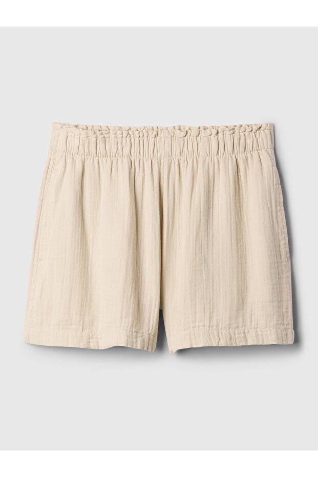 Kadın Bej Crinkle Gauze Pull-On Şort - 3
