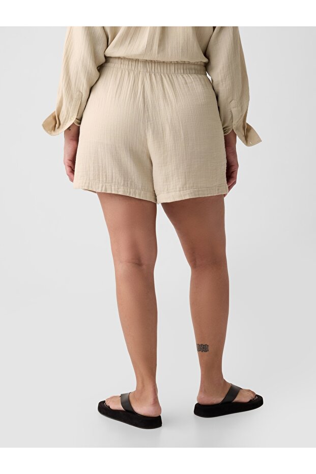 Kadın Bej Crinkle Gauze Pull-On Şort - 4