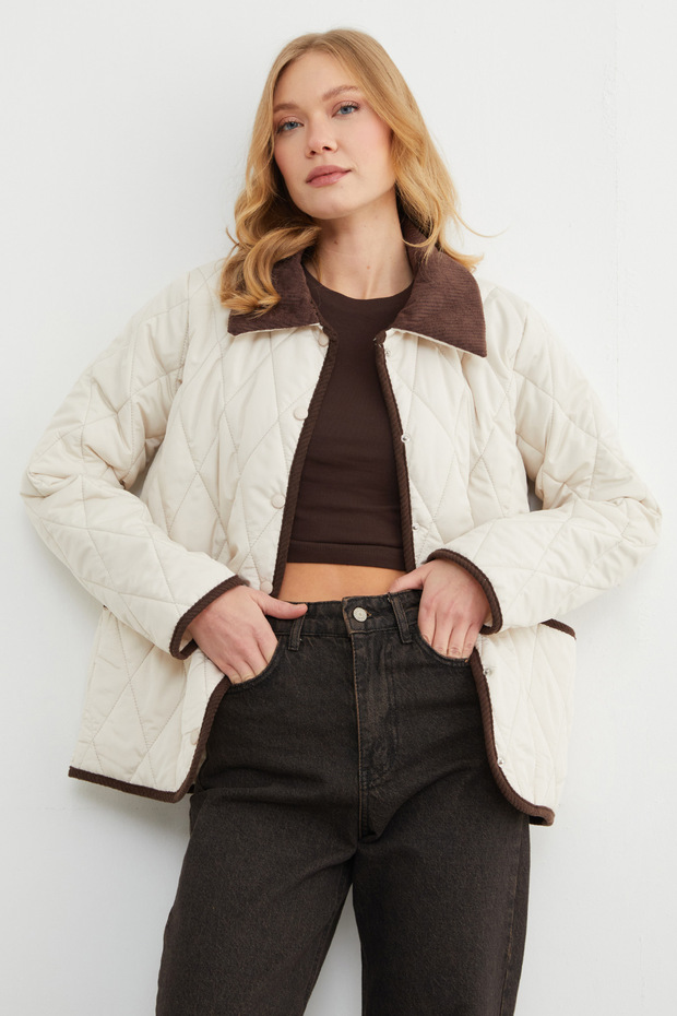 Velvet Detail Polo Collar Quilted Jacket