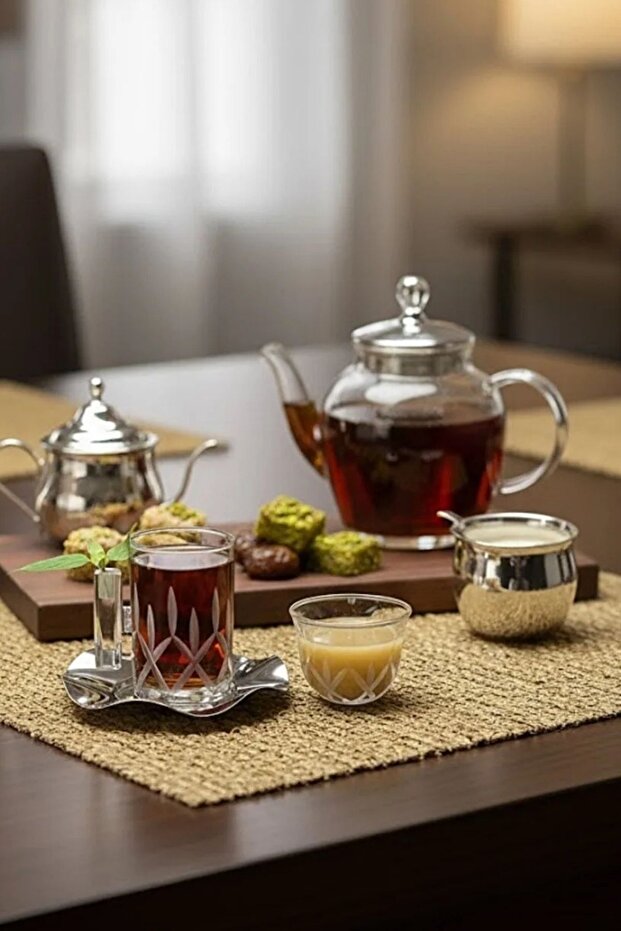 18 Piece Modern Glass Tea Set with Decorated Steel Plates | Premium Hospitality & Dowry Stylish Presentation Set