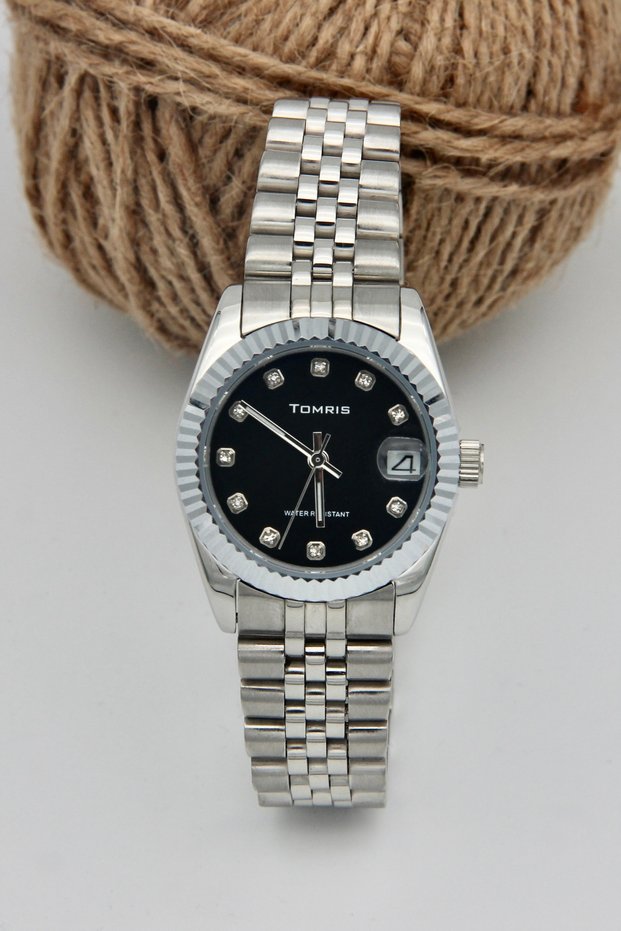 Steel Women's Wristwatch, Waterproof, with Calendar, Silver Color Cord, Black Women's Wristwatch