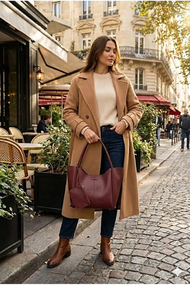 Women's Burgundy Mini Wallet Large Size Shoulder Bag with Gift 25X40Cm