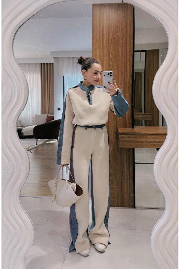 Women's Cream Denim Detailed Double Suit with Fleece-Lined Snaps