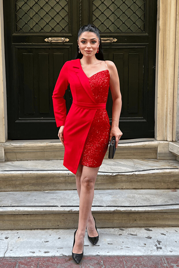 Atlas Fabric Sequin Detailed Jacket Dress - RED