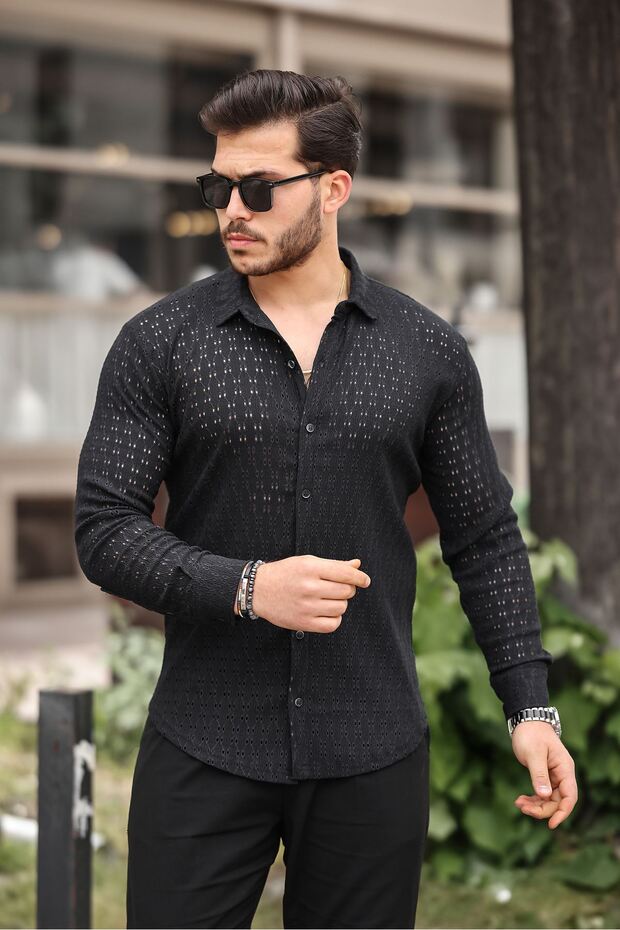 Men's Long Sleeve Perforated Pattern Knitted Fabric Regular Pattern New Season Shirt