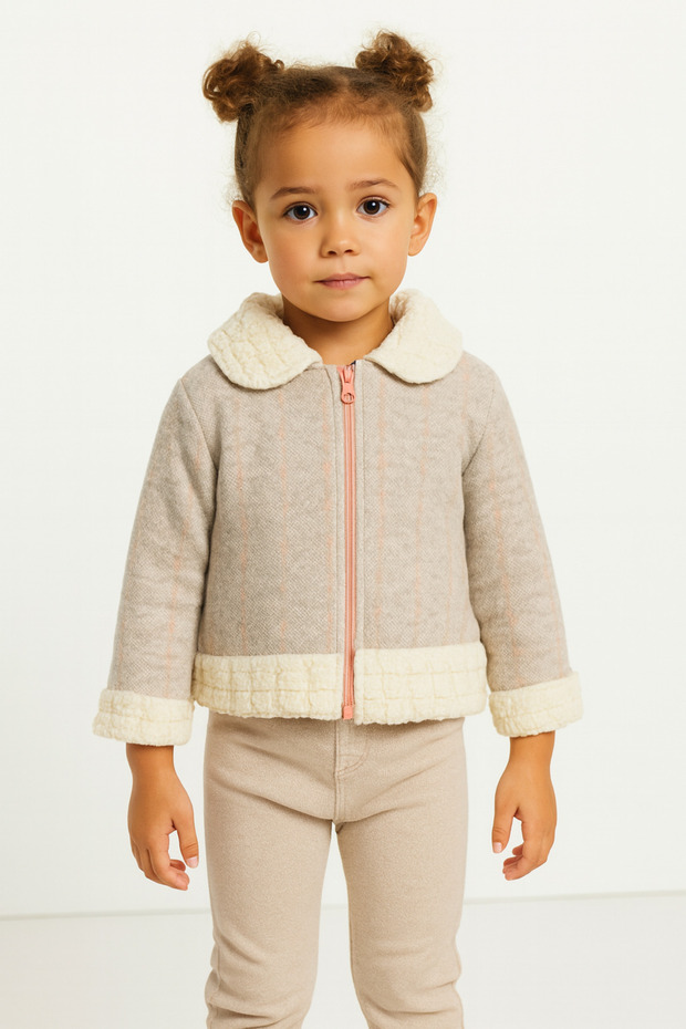 Baby Girl Plush Collar Zippered Lined Winter Jacket