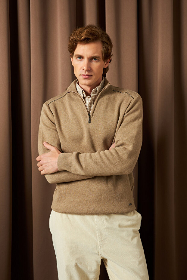 Men's Zippered Half Fisherman Mink Sweater Knitwear Solid Color Classic Fit - 5242B