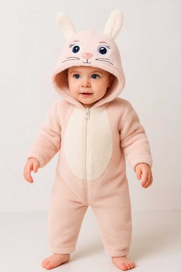 Unisex Baby Hooded Rabbit Patterned Plush Jumpsuit