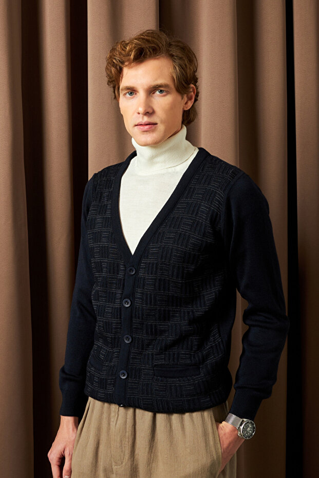 Men's Buttoned Navy Blue Cardigan with Pockets, Crinkled Steel Knit, Classic Fit - 5215m