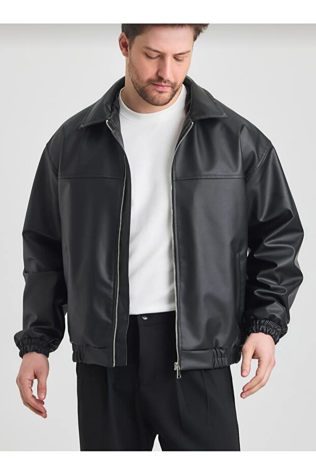 Oversize Erkek Siyah Deri Ceket