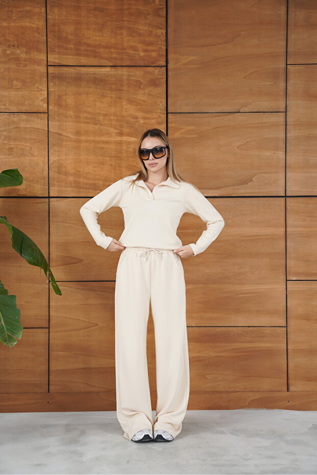 طقم كريمي أساسي بياقة بولو يتكون من قطعة علوية وسفلية - 3