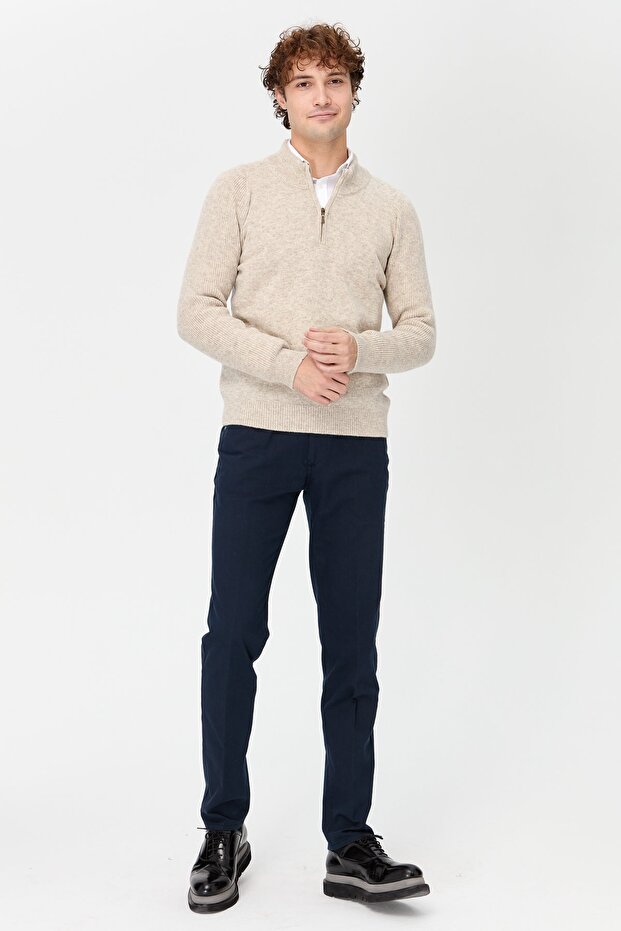 Men's Half Turtleneck Zippered Wool Sweater V.Beige