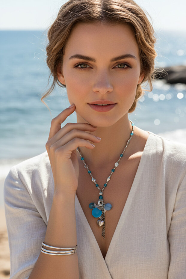 Long Women's Necklace with Blue Beads and Heart Figures