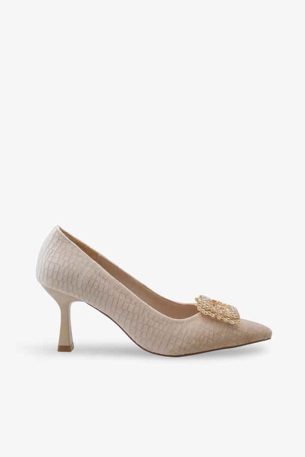 Lunvera Velvet Stone Buckle Women's Heeled Shoes Beige