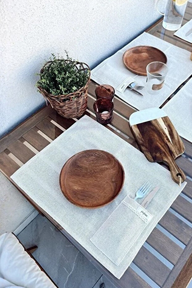 4-Piece 100% Raw Linen Spoon Holder Detailed American Serving/Supla Set