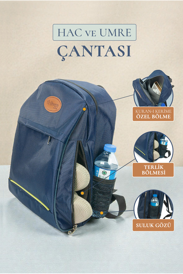 Hajj Umrah Travel Bag, Waterproof, Fully Lined Daily Bag with Compartments, Navy Blue