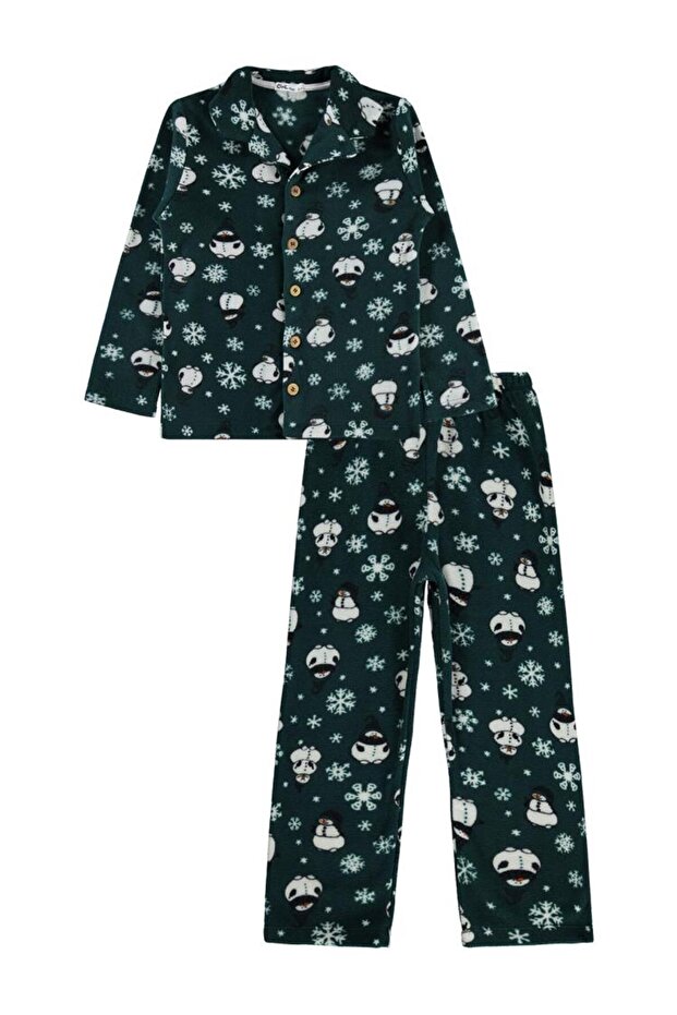 Snowman Printed 6-9 Years Old Pajama Set - Green 7-8 Years Old