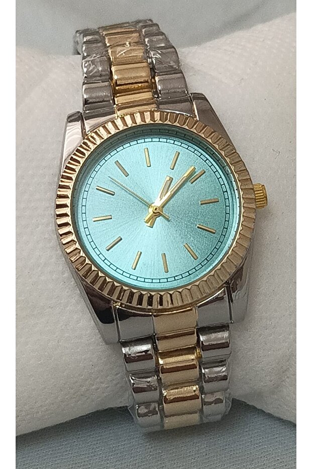 Stylish Design Women's Wristwatch - Gold Silver Color Band, Turquoise Dial, Boxed