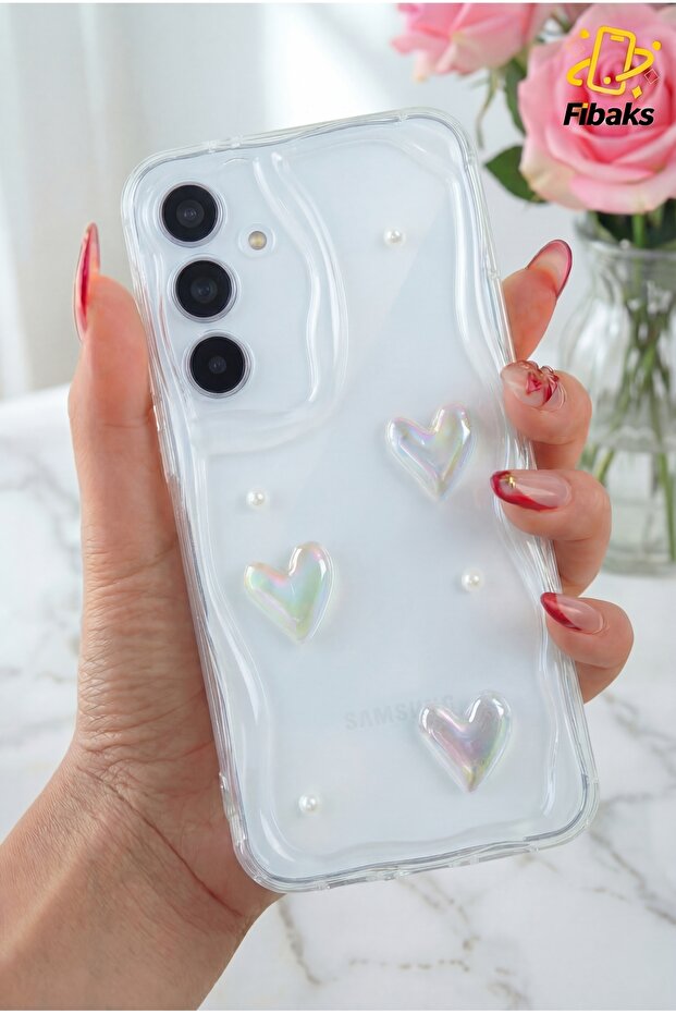 Fibaks Galaxy S25 Plus Kılıf 3D Kalpli İnci Tasarımlı Desenli Kamera Korumalı Şeffaf Silikon Kapak