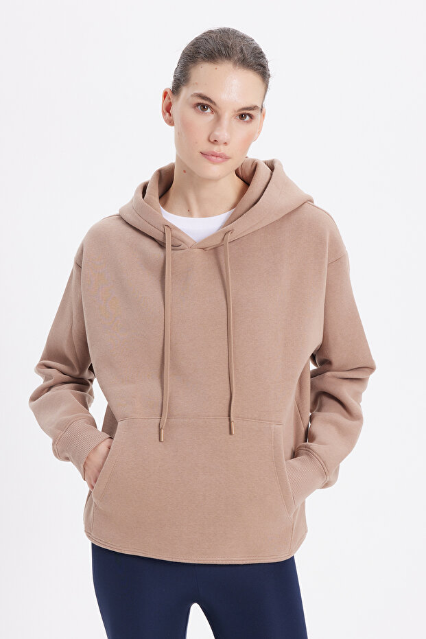 Women's Oversize Wide Cut Cotton Soft Textured Basic Mink Hooded Sweatshirt with Fleece Inside