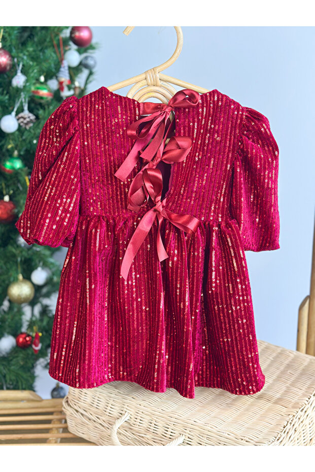 Pullu Balon Kol Elbise-Kırmızı - 1