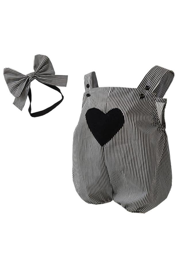 Heart Pocket Shorts Overalls Bandana Set - Black