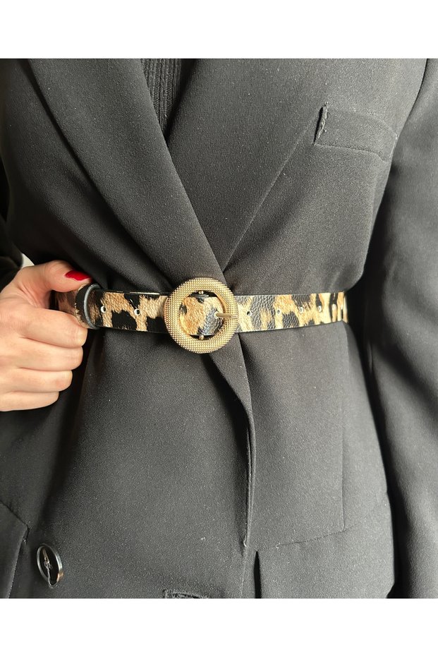 Lush Serrated Round Patterned Women's Gold Buckle Belt Coat Belt Dress Belt Trouser Belt