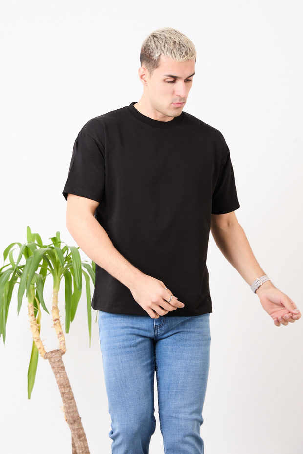 Oversize Wide Fit Crew Neck Basic Solid Short Sleeve T-Shirt - 4