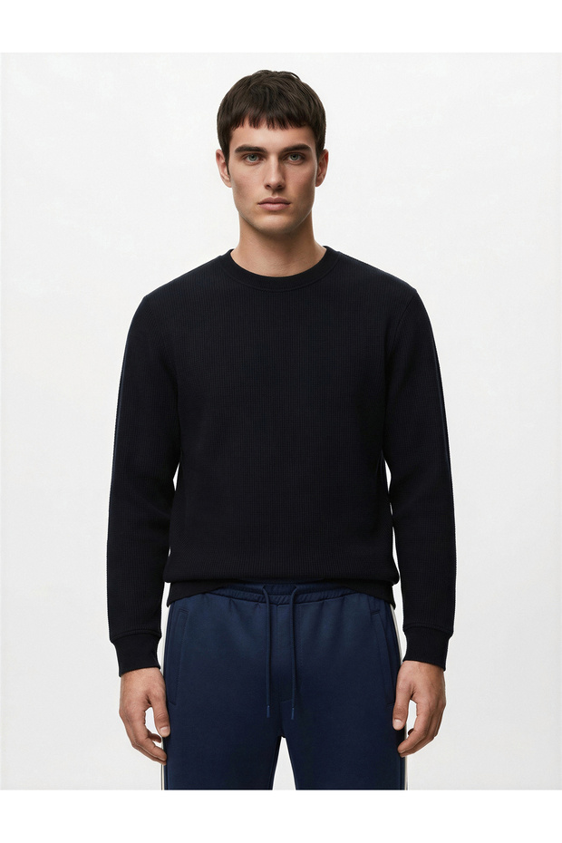 Regular Fit Long Sleeve Textured Basic Crew Neck Sweatshirt