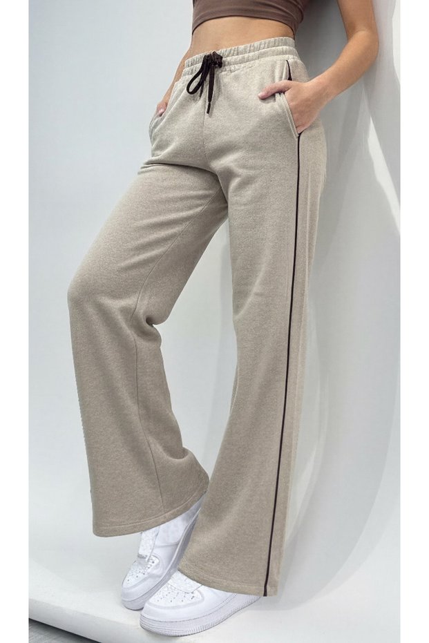 Beige Contrast Side Piped Pocket Wide Leg Palazzo Sweatpants