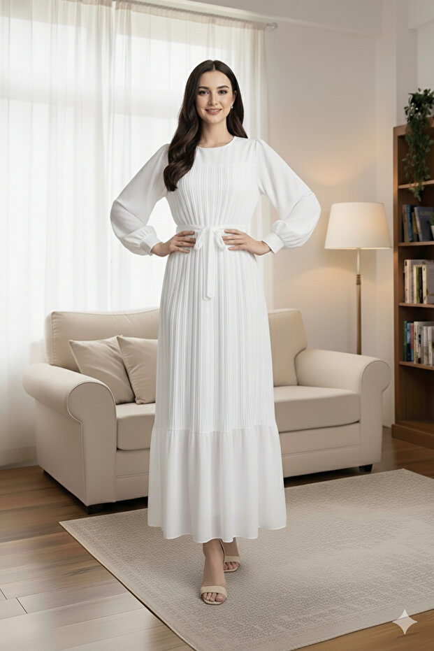 Piliseli Şifon Tesettür Elbise - 3