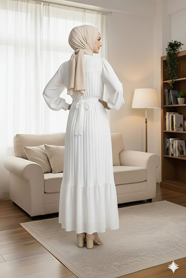 Piliseli Şifon Tesettür Elbise - 7