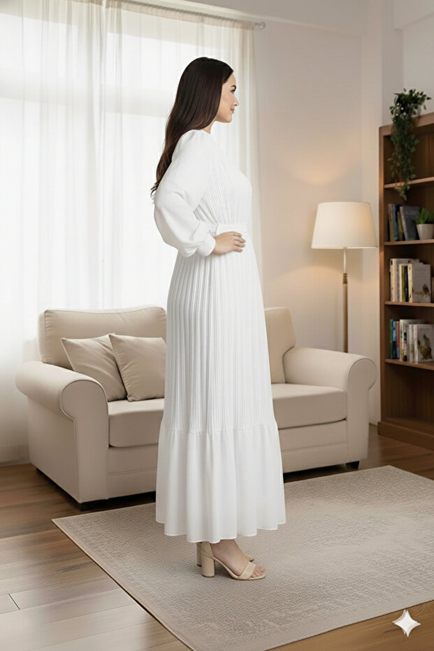 Piliseli Şifon Tesettür Elbise - 4