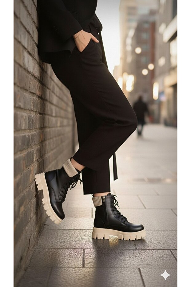 Women's Black Beige Waterproof Knitwear Boots Nk1160
