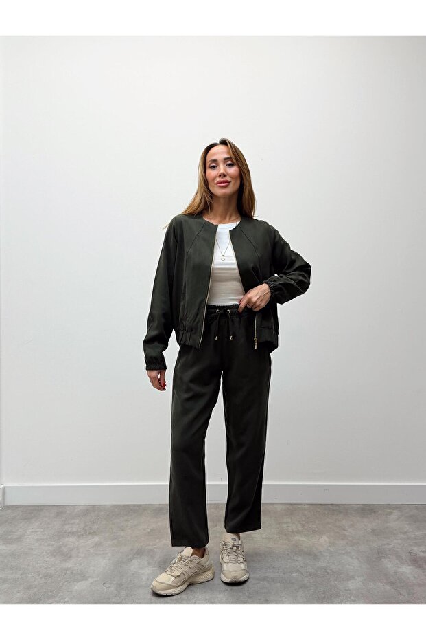 Women's Zippered Jacket Pants Bottom-Top Khaki Suit