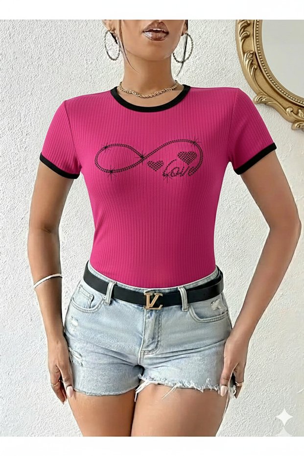 Women's Fuchsia Color Crew Neck Basic Slim Fit Short Sleeve Body Full Stretch Fabric Full Fit Length 55Cms