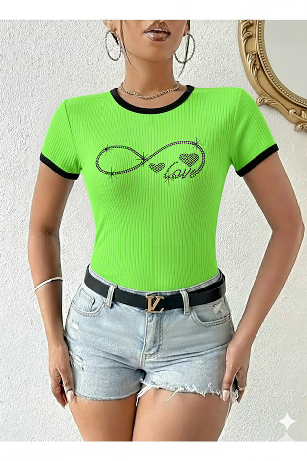Women's Green Color Crew Neck Basic Slim Fit Short Sleeve Body Full Stretch Fabric Full Fit Length 55Cms