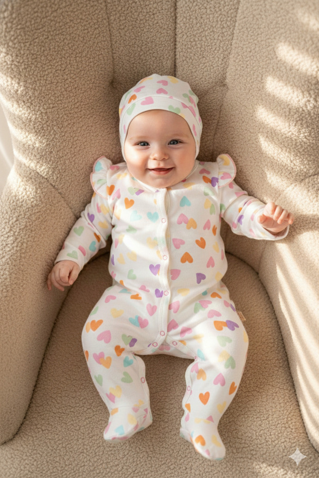 Printed Baby Romper with Hat and Heart Newborn Hospital Take-Home Cotton Sleeping Body Suit Snap Fastener Basic 16