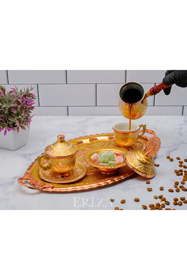 2-Person Embroidered Copper Cup Set, Set (Tray Turkish Delight Bowl, 2 Cups, 2-Person Coffee Pot)