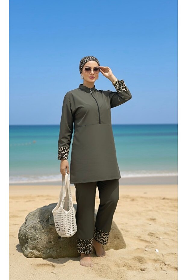 Gözde Model Leopar Garnili Tesettür Mayo - 5