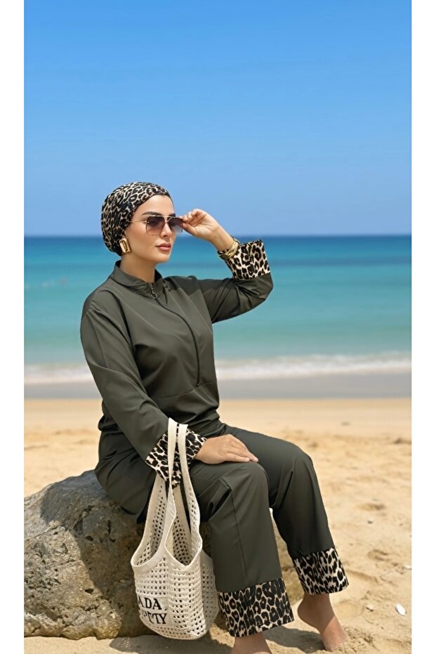 Gözde Model Leopar Garnili Tesettür Mayo - 1