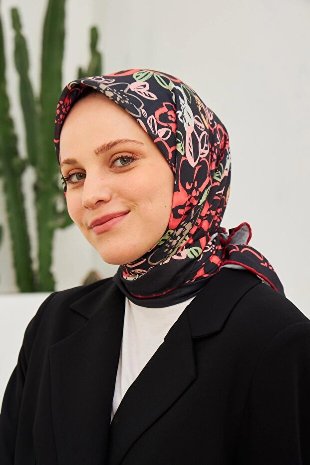 نموذج وشاح فيسكوز قطني بنمط الباستيل أسود أحمر 1104-20