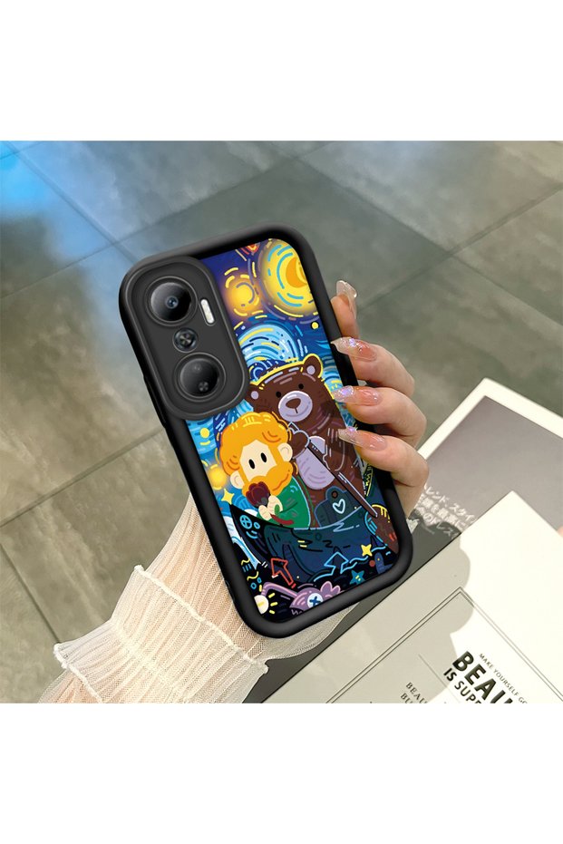 Infinix Hot 20 Compatible Black Silicone Van Gogh Starry Night Patterned Anti-Slip Phone Case