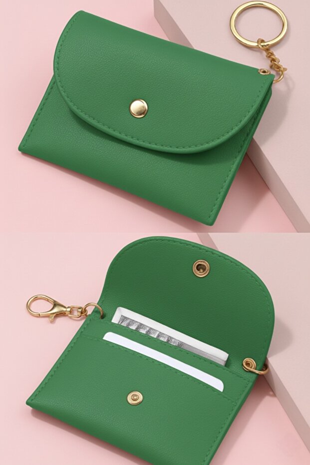 Green Double Compartment Mini Credit Card Holder Wallet with Keychain 10X7 cm
