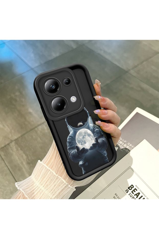 Poco M6 Pro 4g Compatible Black Silicone Astronaut and Moon Pattern Lens Protection Phone Case