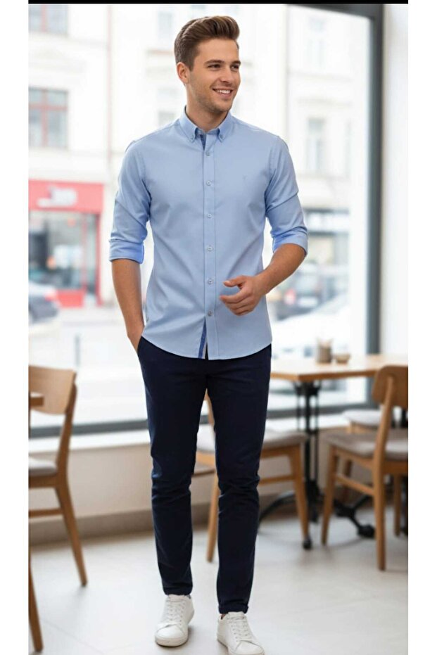 100% Cotton Slim Fit Long Sleeve with Buttoned Necklines 1. Quality Men's Shirt