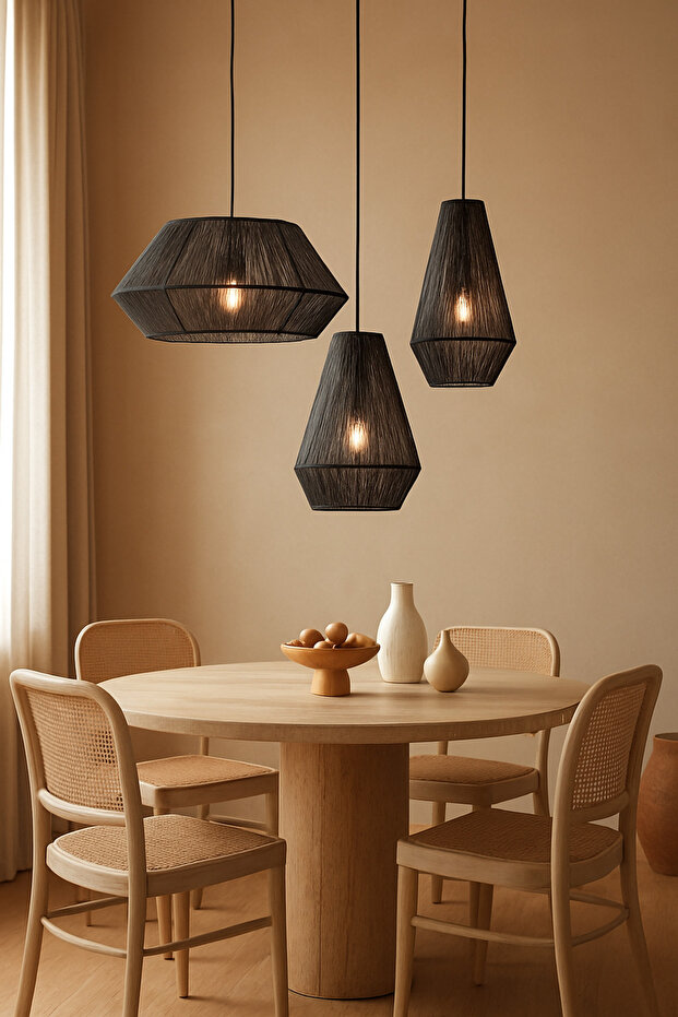 Siyah 3'lü Rafya Avize, Bohem Avize, Rustik Avize, Jüt Avize, Doğal Avize, Hasır Avize, Bambu Avize - 3